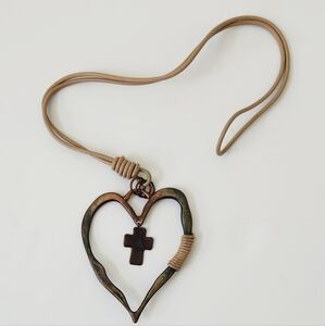 Heart & Floating Cross Copper Color Tan Leather Necklace 4" Charm 34" Necklace